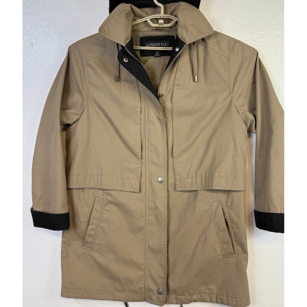 London Fog Limited Edition Jacket Womens M Tan Khaki Hooded Full Zip Coat Button - Picture 2 of 9